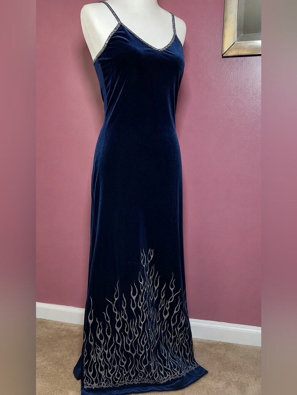 Vintage 90s Y2K Navy Blue Velvet Formal Dress - Size Large